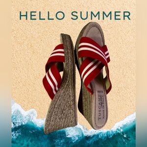 Tuscany By Easy Street Women’s Size 6.5 WW Red Striped Fabric Wedge Sandals